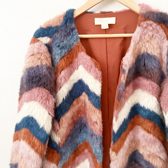 BAND OF GYPSIES | Chevron Faux Fur Open Front Jacket Coat Rust | Size Large - Picture 4 of 7